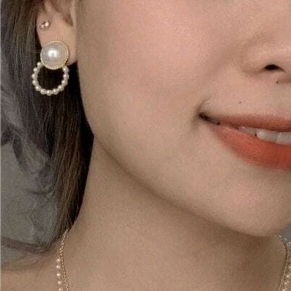 Gold white pearl earrings dainty casual or formal hoop stud small 💖2/$30 - Picture 5 of 14